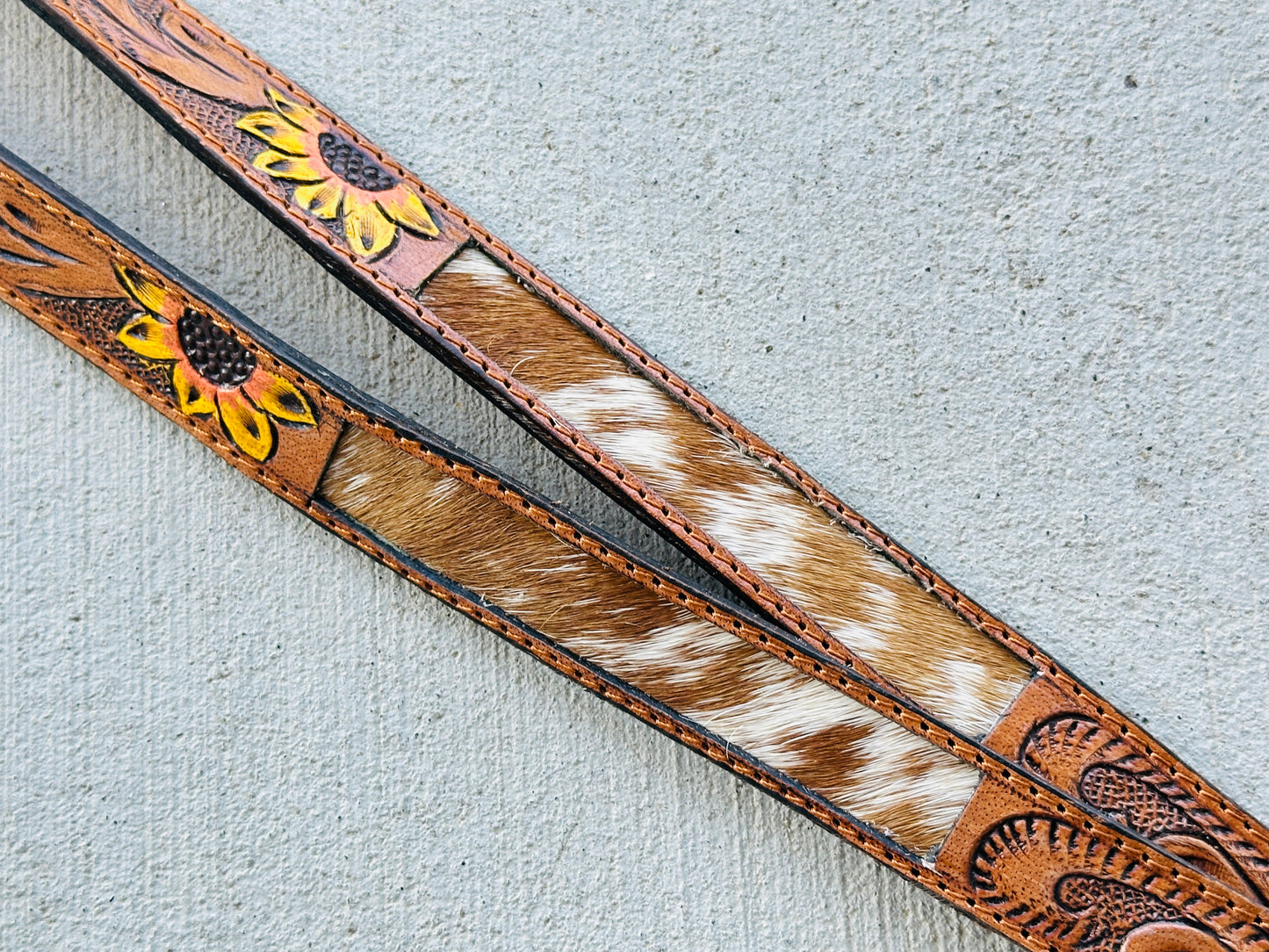 Sunflower Cowhide Lanyard | Tooled Leather Western ID Holder
