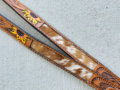 Sunflower Cowhide Lanyard | Tooled Leather Western ID Holder