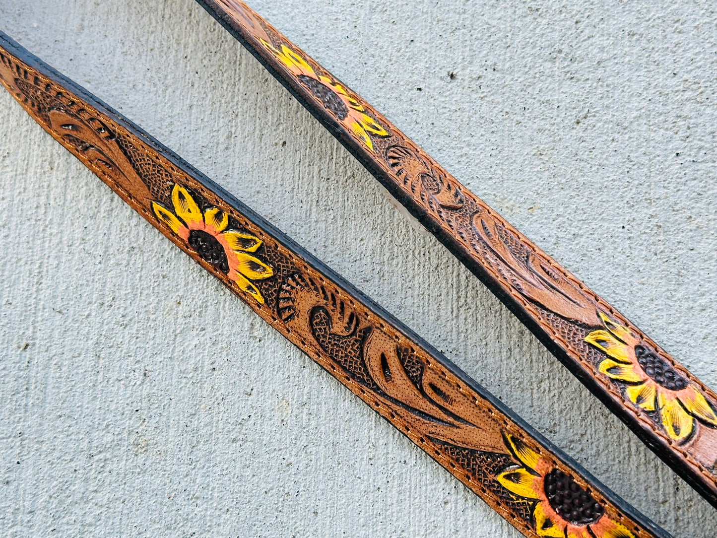 Sunflower Cowhide Lanyard | Tooled Leather Western ID Holder