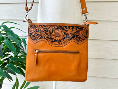 Western Cowhide Tooled Leather Messenger Bag in Tan - RAINBOW