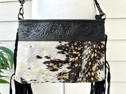 Cowhide Crossbody Bag in Black and Gold with Fringes - Harper