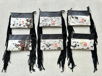 Cowhide Crossbody Bag in Black and Gold with Fringes - Harper