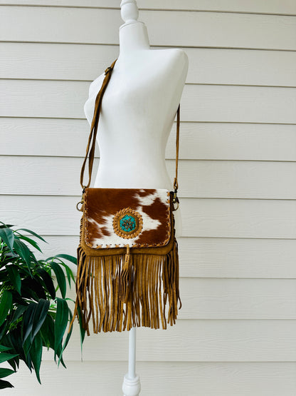 Cowhide Crossbody Purse with Fringes and Turquoise - CLARA