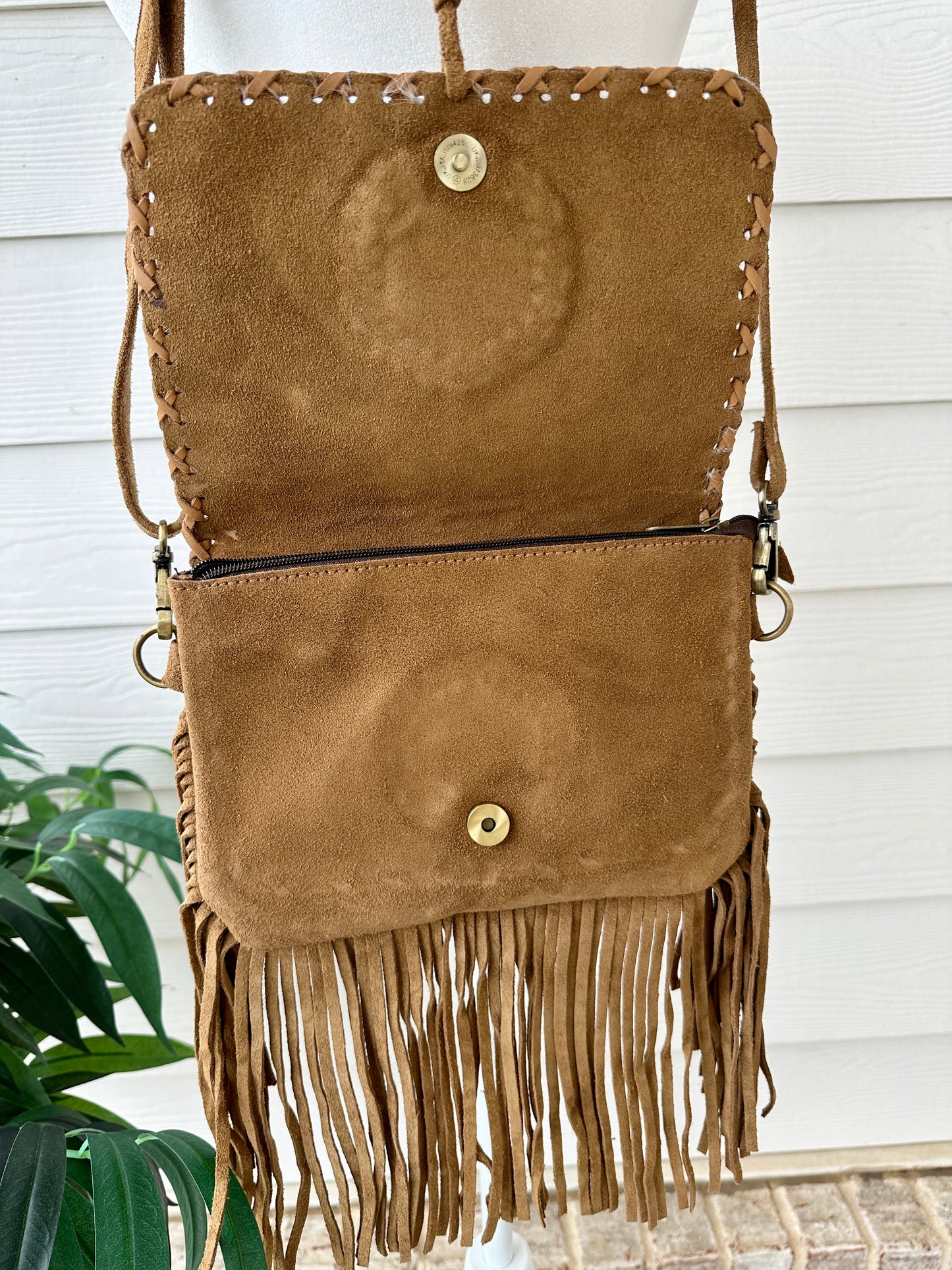 Cowhide Crossbody Purse with Fringes and Turquoise - CLARA
