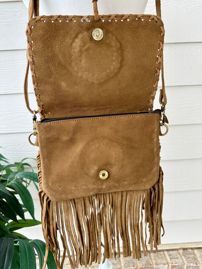 Cowhide Crossbody Purse with Fringes and Turquoise - CLARA