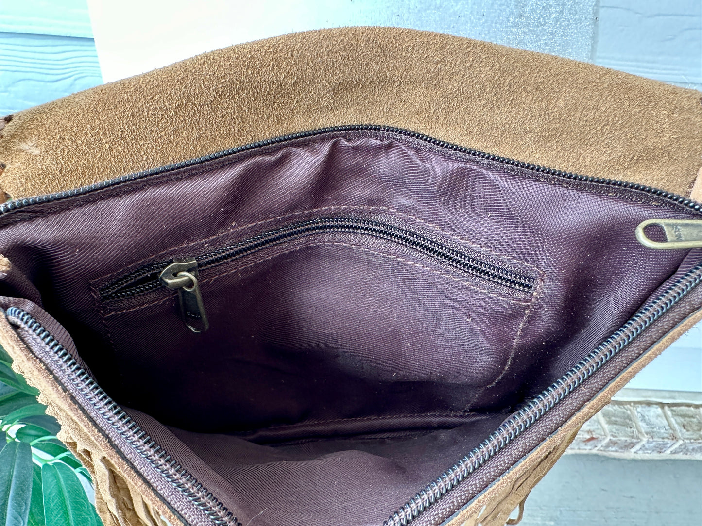 Cowhide Crossbody Purse with Fringes and Turquoise - CLARA