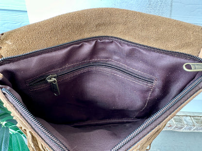Cowhide Crossbody Purse with Fringes and Turquoise - CLARA