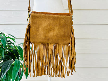 Cowhide Crossbody Purse with Fringes and Turquoise - CLARA