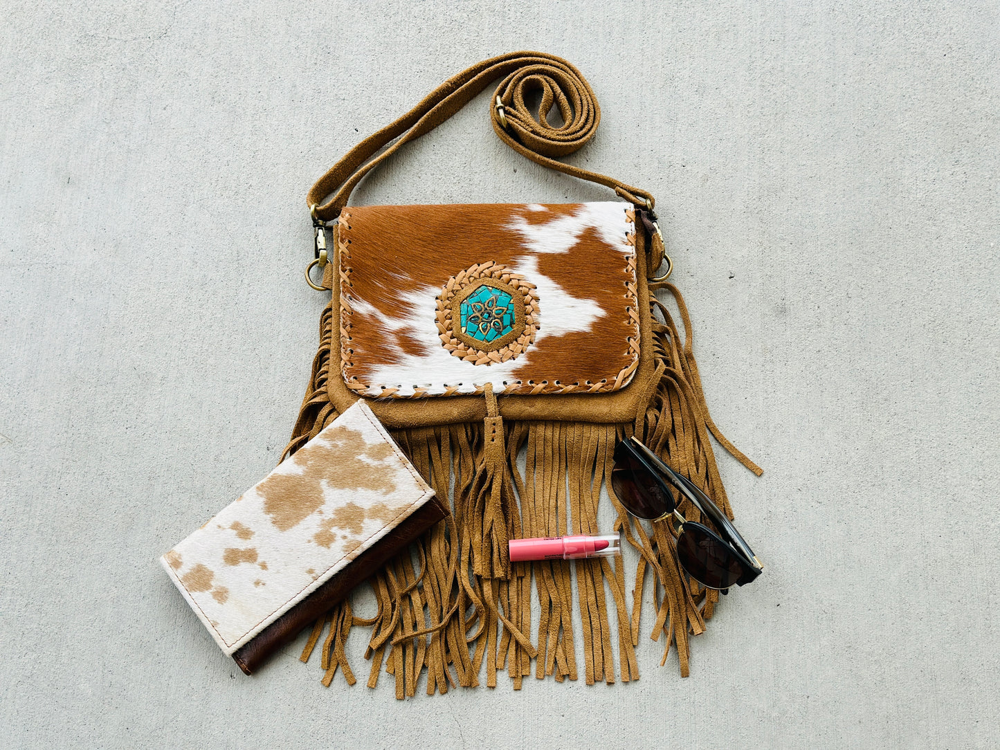 Cowhide Crossbody Purse with Fringes and Turquoise - CLARA