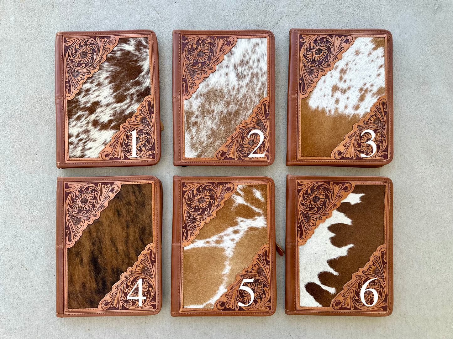 Cowhide Tooled Leather Western Padfolio Organizer in Tan