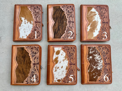 Cowhide Tooled Leather Western Padfolio Organizer in Tan