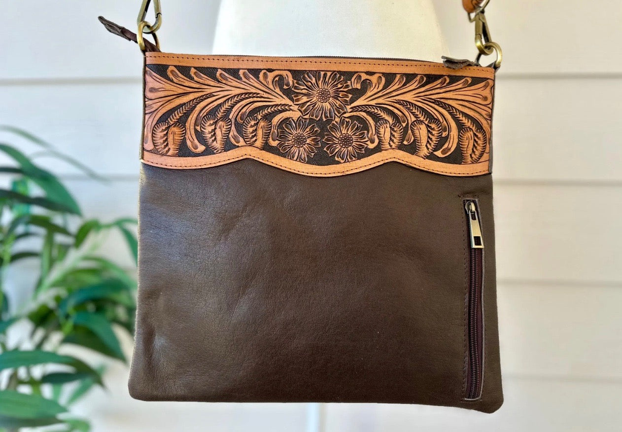 Western Cowhide Bag with Tooled Brown Leather and Turquoise REMI