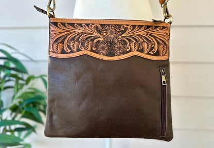 Western Cowhide Bag with Tooled Brown Leather and Turquoise REMI