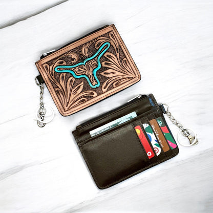 Western Tooled Leather Longhorn Mini Wallet ID Card Holder