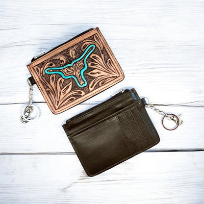 Western Tooled Leather Longhorn Mini Wallet ID Card Holder