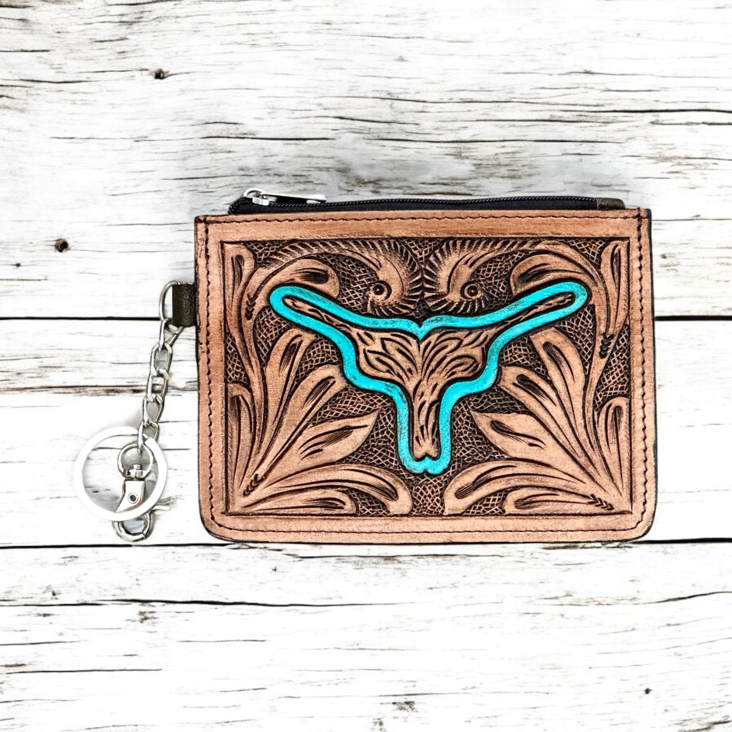 Western Tooled Leather Longhorn Mini Wallet ID Card Holder