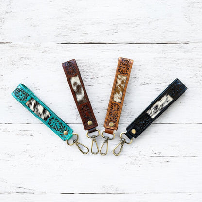 Cowhide & Tooled Leather Wristlet Keychains | Cowgirl Accessories