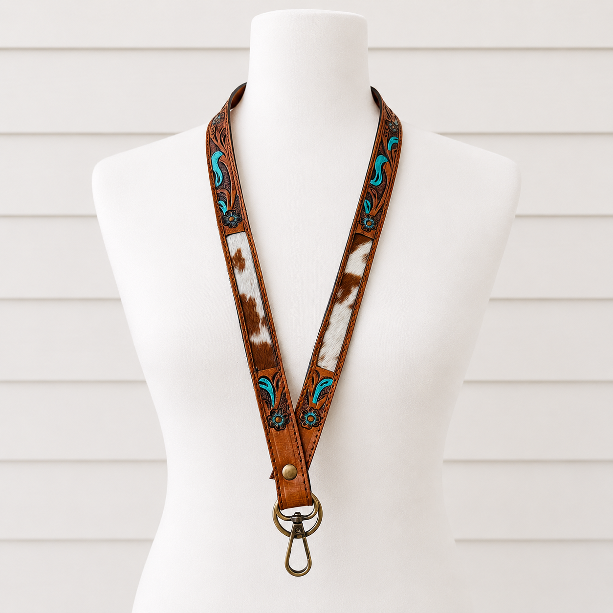 Western Cowhide Lanyard | Tooled Leather ID Badge Holder