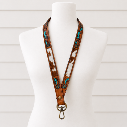 Western Cowhide Lanyard | Tooled Leather ID Badge Holder