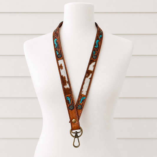 Western Cowhide Lanyard | Tooled Leather ID Badge Holder