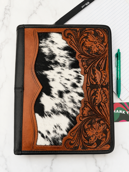 Cowhide Tooled Leather Western Padfolio Organizer in Tan and Black