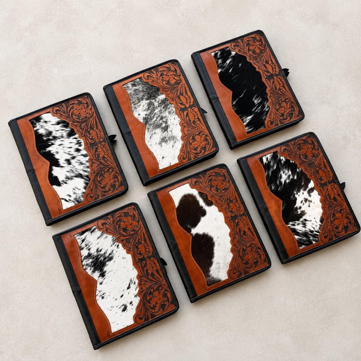 Cowhide Tooled Leather Western Padfolio Organizer in Tan and Black