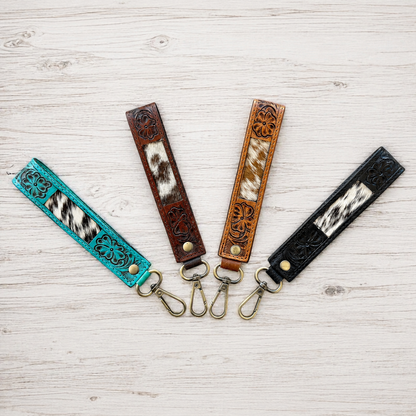 Cowhide & Tooled Leather Wristlet Keychains | Cowgirl Accessories