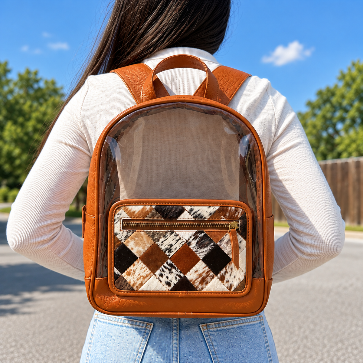 Clear Western Backpack Cowhide Patchwork Rodeo Stadium & Concert Bag