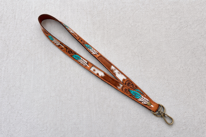 Western Cowhide Lanyard with Turquoise Feather Design | Tooled Leather ID Holder