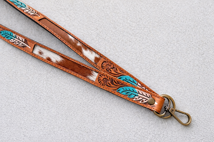 Western Cowhide Lanyard with Turquoise Feather Design | Tooled Leather ID Holder