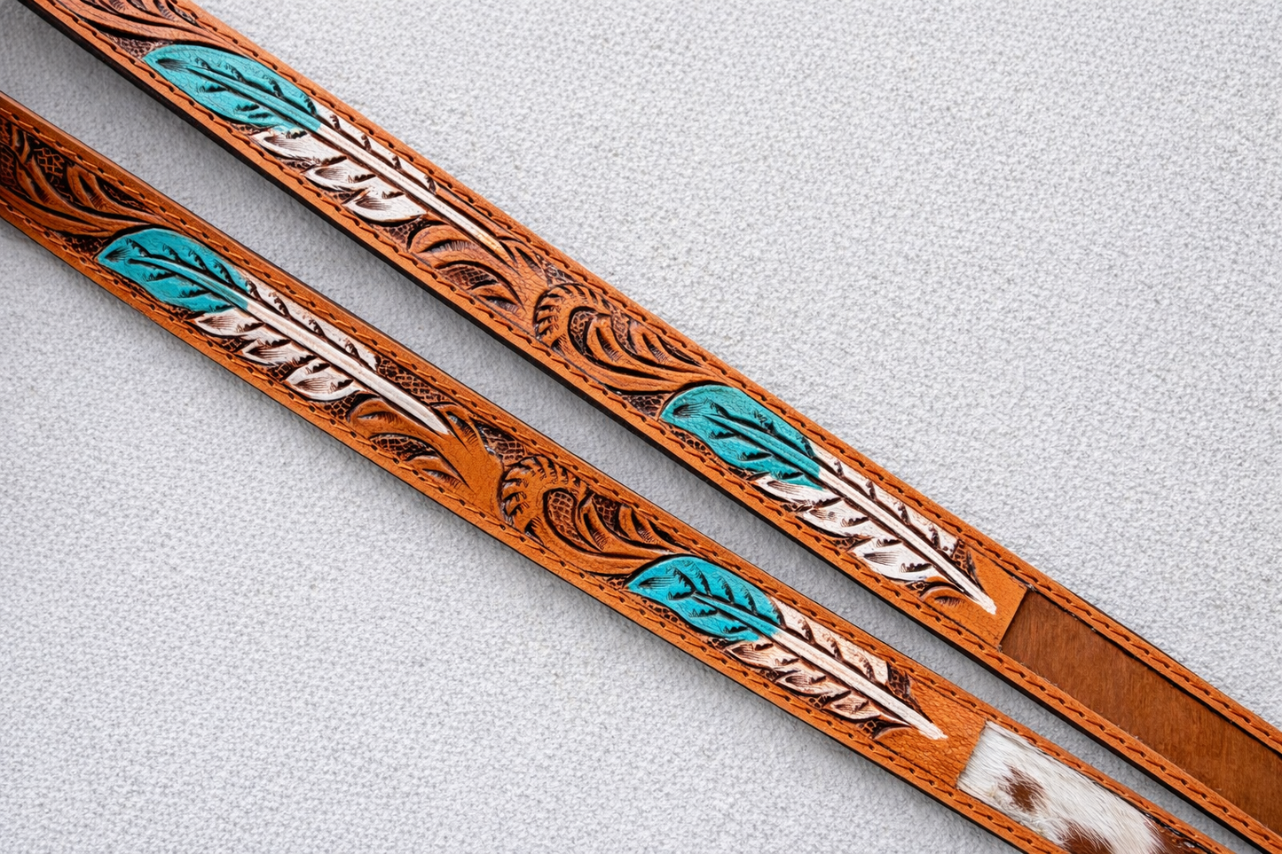 Western Cowhide Lanyard with Turquoise Feather Design | Tooled Leather ID Holder