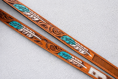 Western Cowhide Lanyard with Turquoise Feather Design | Tooled Leather ID Holder