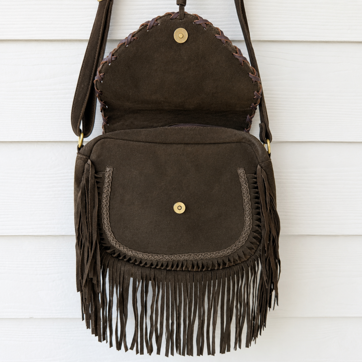 Cowhide Crossbody Purse with Fringes and Turquoise - Eva