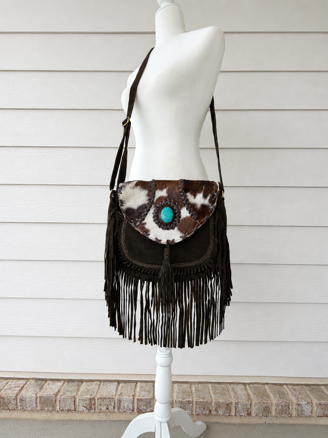 Cowhide Crossbody Purse with Fringes and Turquoise - Eva