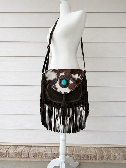 Cowhide Crossbody Purse with Fringes and Turquoise - Eva