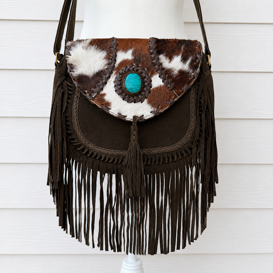 Cowhide Crossbody Purse with Fringes and Turquoise - Eva