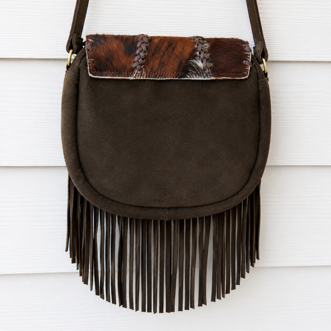 Cowhide Crossbody Purse with Fringes and Turquoise - Eva