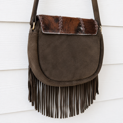 Cowhide Crossbody Purse with Fringes and Turquoise - Eva
