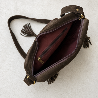 Cowhide Crossbody Purse with Fringes and Turquoise - Eva