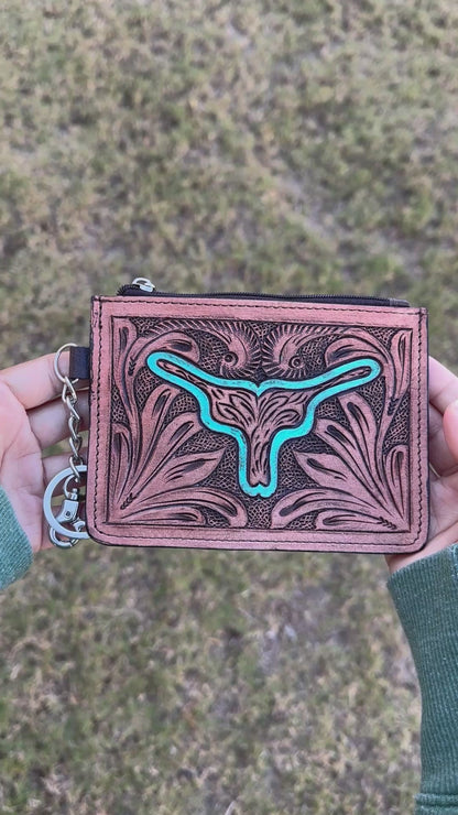 Western Tooled Leather Longhorn Mini Wallet ID Card Holder