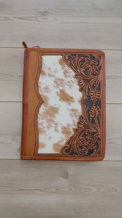 Cowhide Tooled Leather Western Padfolio Organizer in Tan