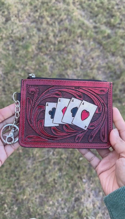 Western Tooled Leather Aces Cards Mini Wallet ID Card Holder