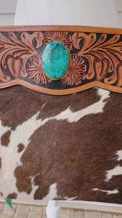 Western Cowhide Bag with Tooled Brown Leather and Turquoise REMI