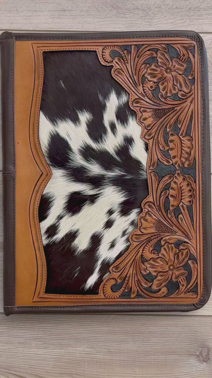 Cowhide Tooled Leather Western Padfolio Organizer in Brown