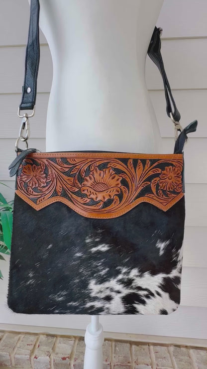 Black Western Cowhide Tooled Leather Messenger Bag - RAINBOW