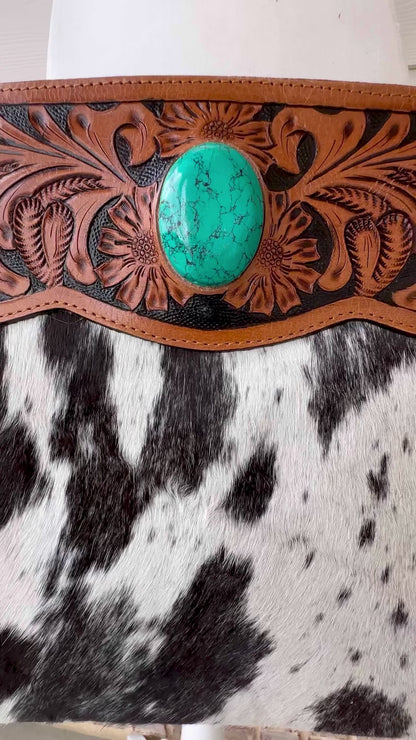 Western Cowhide Crossbody with Black Tooled Leather and Turquoise REMI