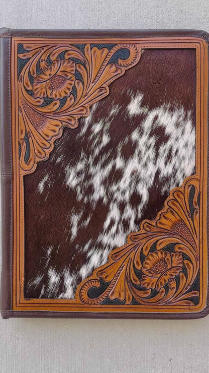 Cowhide Tooled Leather Western Padfolio Organizer in Brown