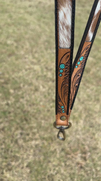 Tooled Leather & Cowhide Lanyard with Turquoise Accents | Western Cowgirl ID Holder