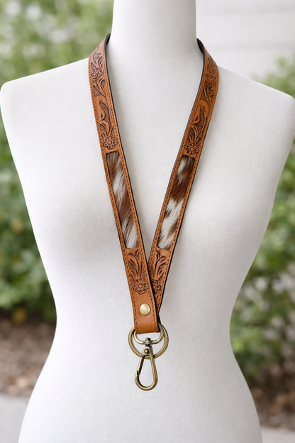 Western Cowhide Lanyard | Tooled Leather ID Badge Holder
