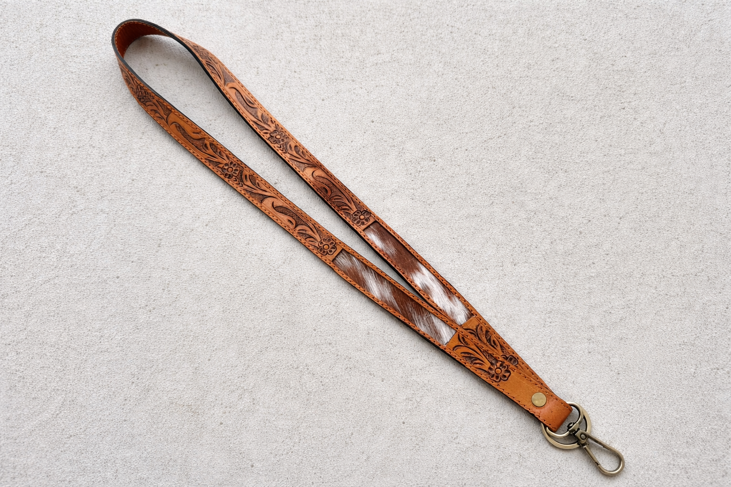 Western Cowhide Lanyard | Tooled Leather ID Badge Holder